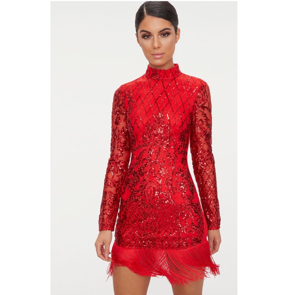 Prettylittlething Sequin Tassel Hem Bodycon Dress